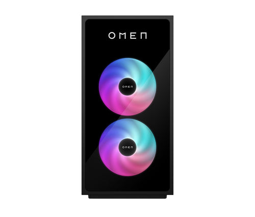 HP OMEN 35L gaming desktop tower with transparent side panel and RGB lighting